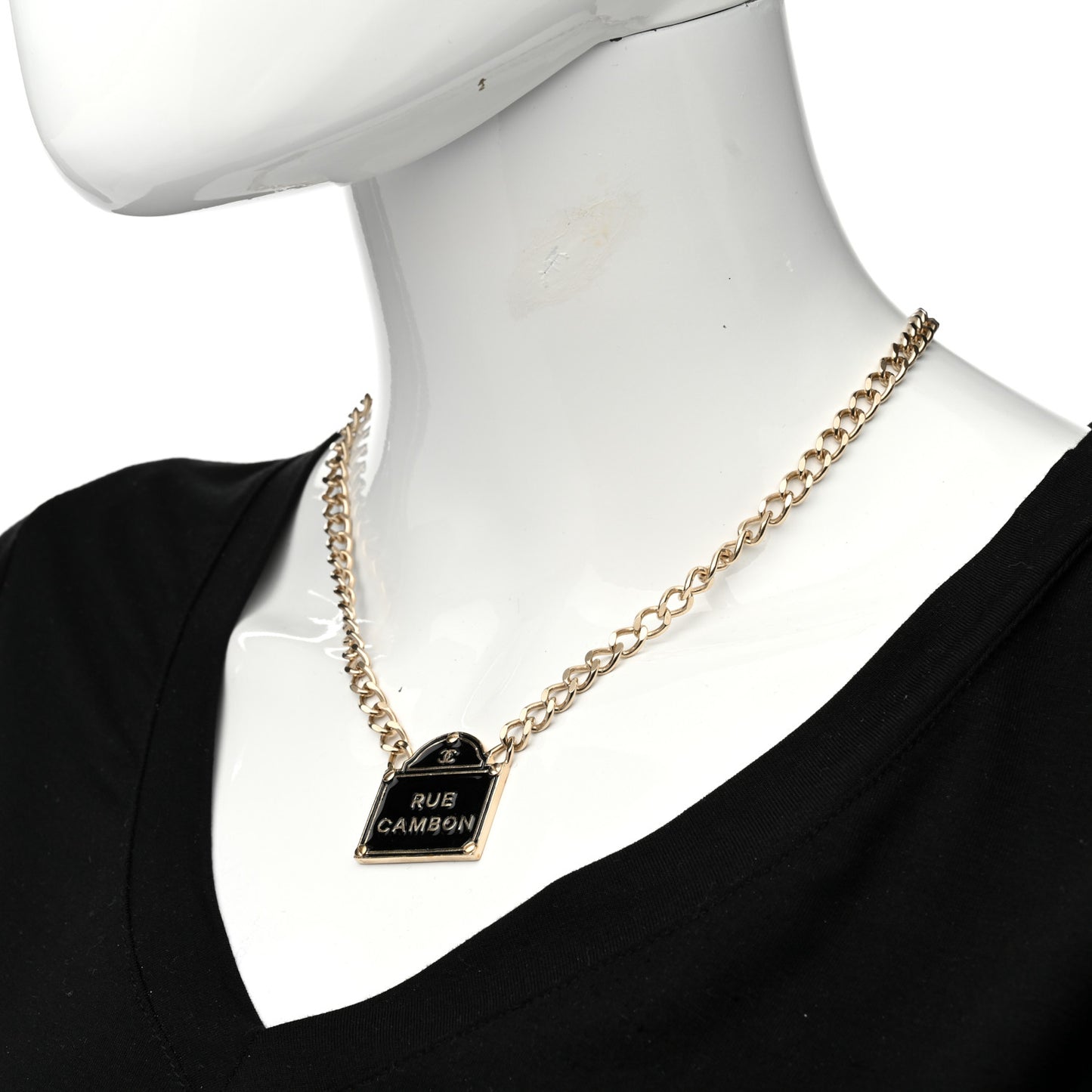 Enamel Metal Chain Link Rue Cambon Necklace Gold Black