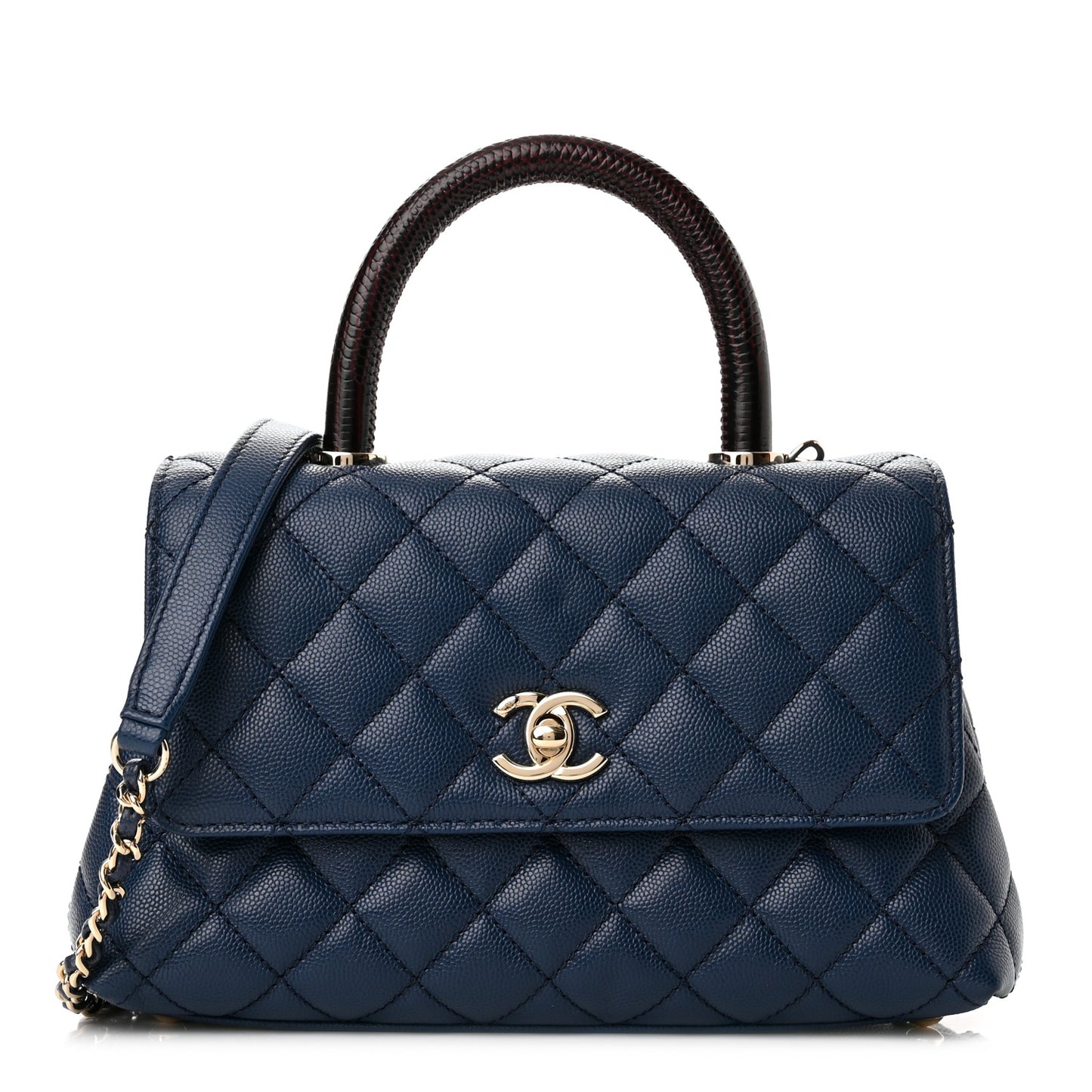Caviar Quilted Lizard Embossed Mini Coco Handle Flap Dark Blue