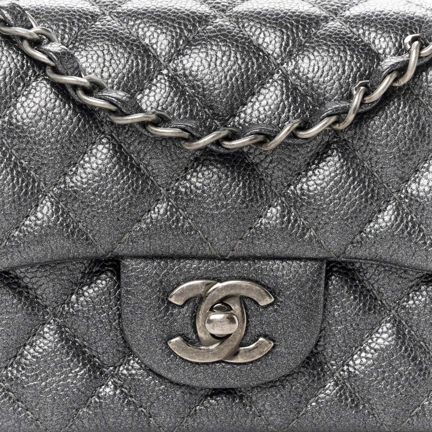 Pearly Caviar Quilted Mini Rectangular Flap Grey