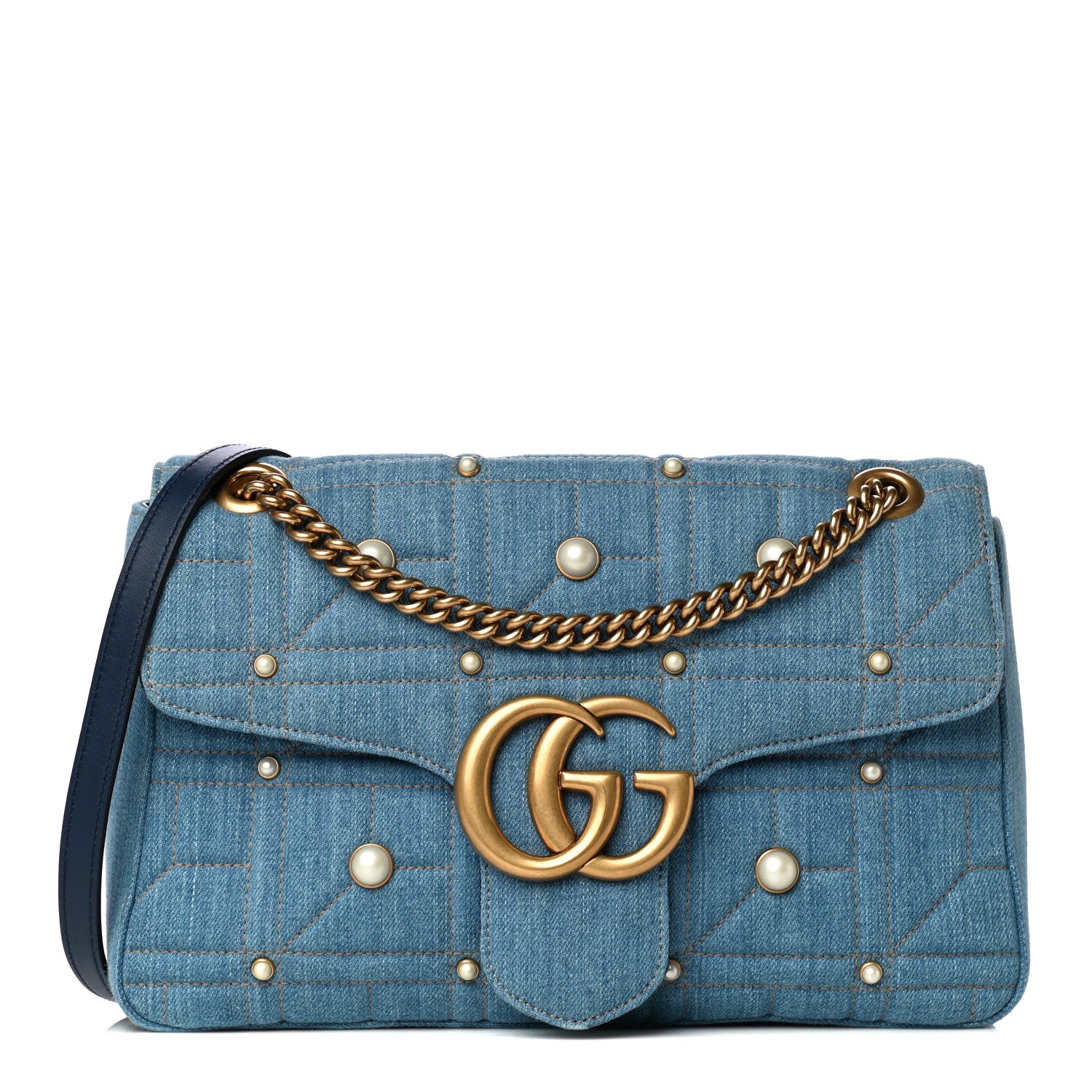 Gucci Kura Denim Matelasse Cubic Pearl Studded Medium GG Marmont Shoulder Bag Blue 1 of 13