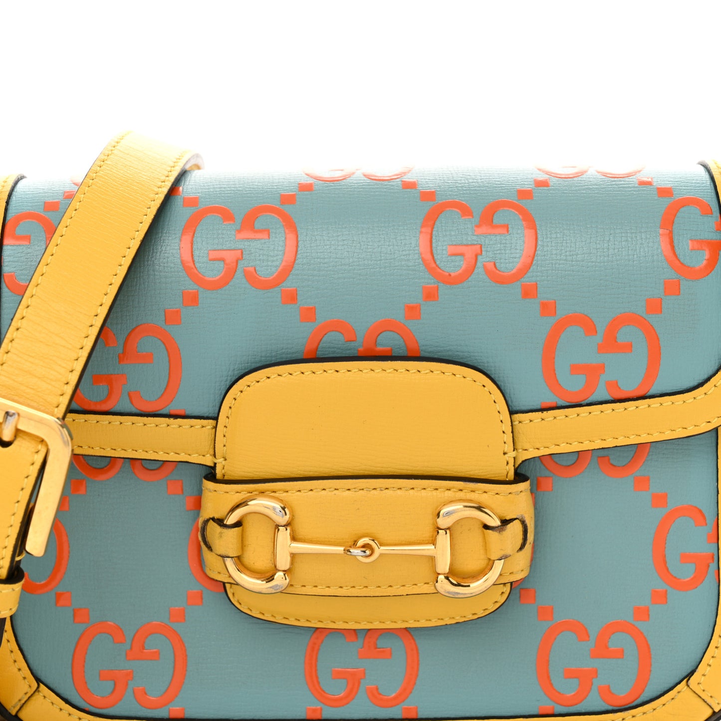 Azalea Calfskin GG Monogram Bi-Color Debossed Mini Horsebit 1955 Shoulder Bag Dusty Azure Stone Topaz Deep Orange