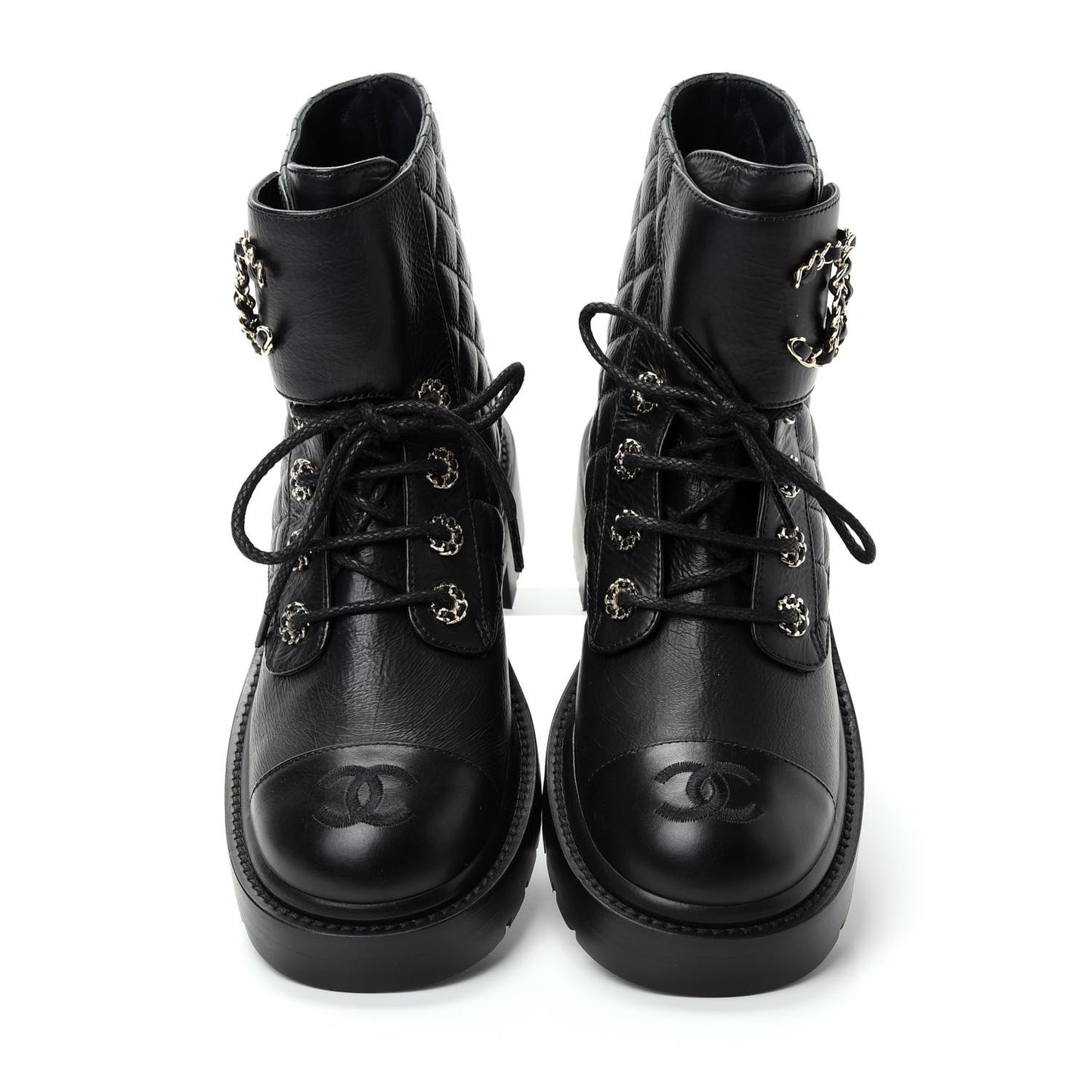 Shiny Goatskin Calfskin Quilted Lace Up Combat Boots 37 Black