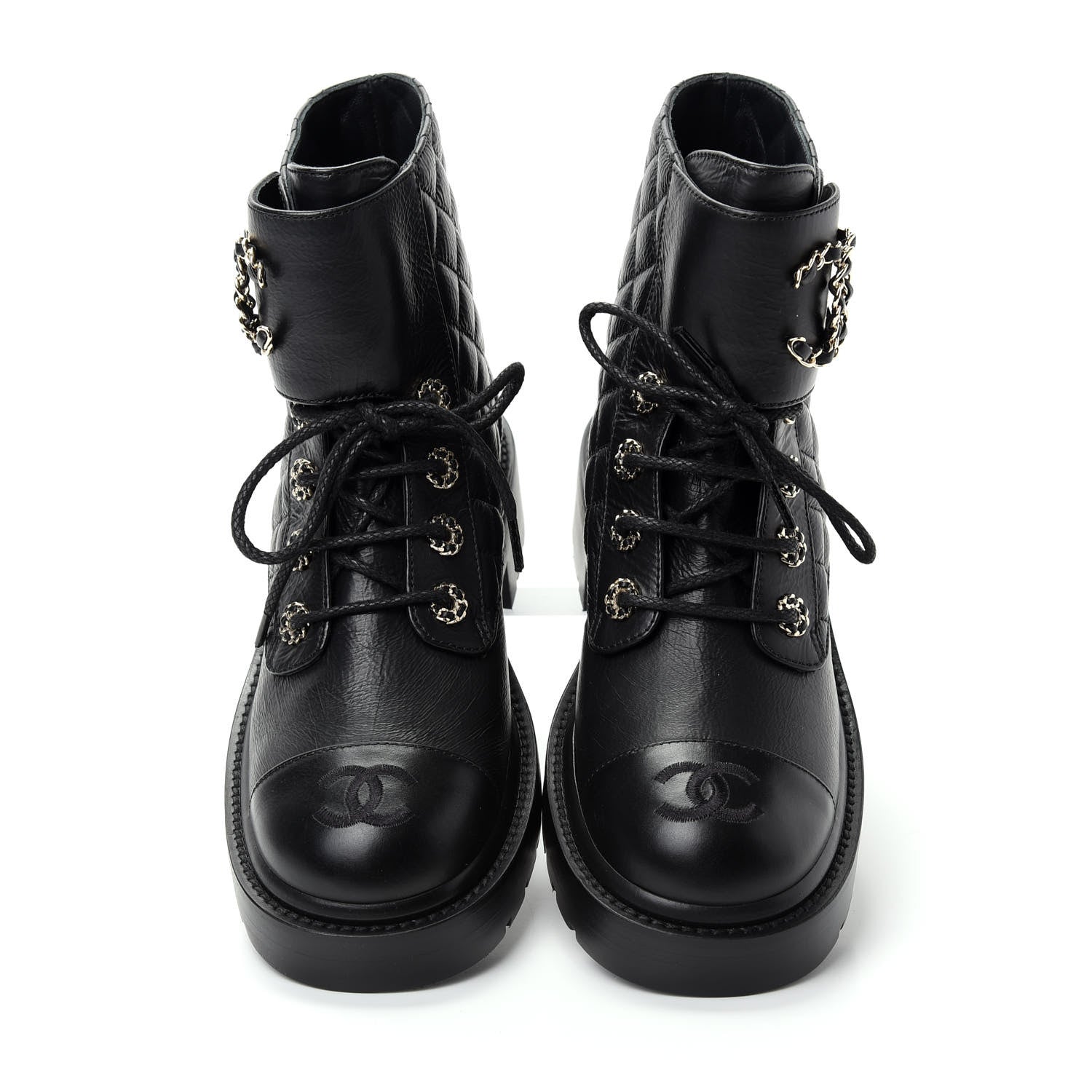 Chanel Shiny Goatskin Calfskin Quilted Lace Up Combat Boots 37 Black 5 of 11