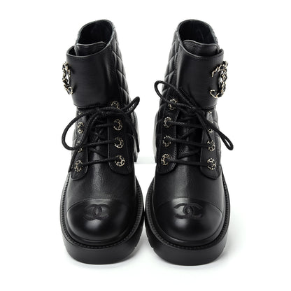Chanel Shiny Goatskin Calfskin Quilted Lace Up Combat Boots 37 Black 5 of 11