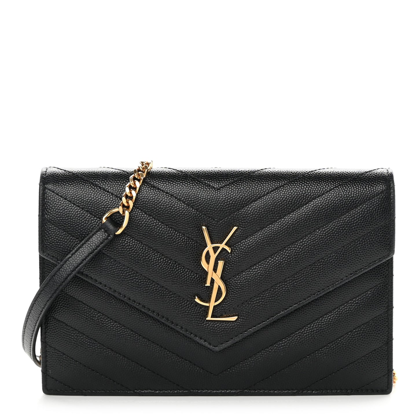 Grain De Poudre Matelasse Chevron Monogram Envelope Chain Wallet Black