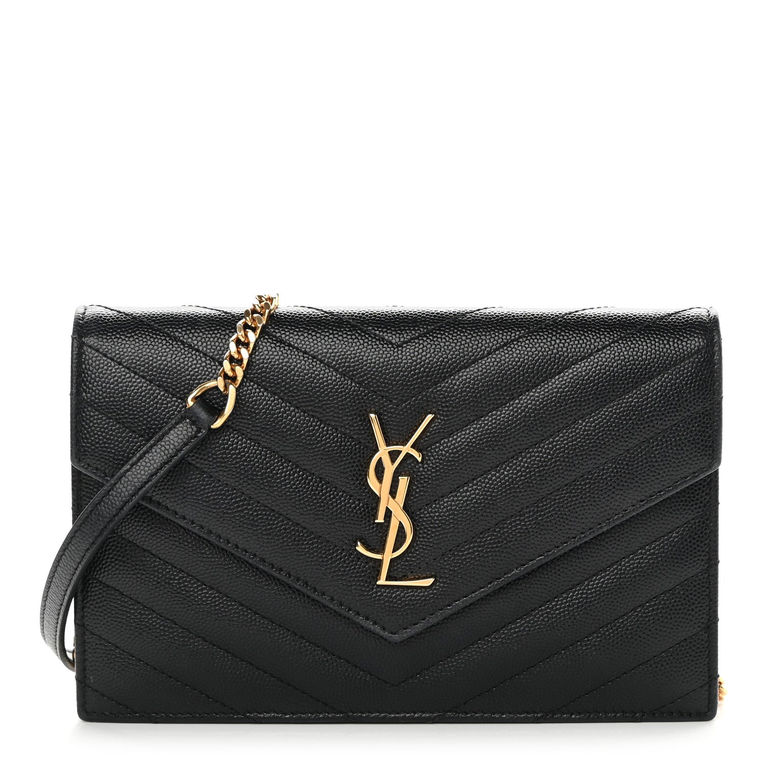 Saint Laurent Grain De Poudre Matelasse Chevron Monogram Envelope Chain Wallet Black 1 of 12