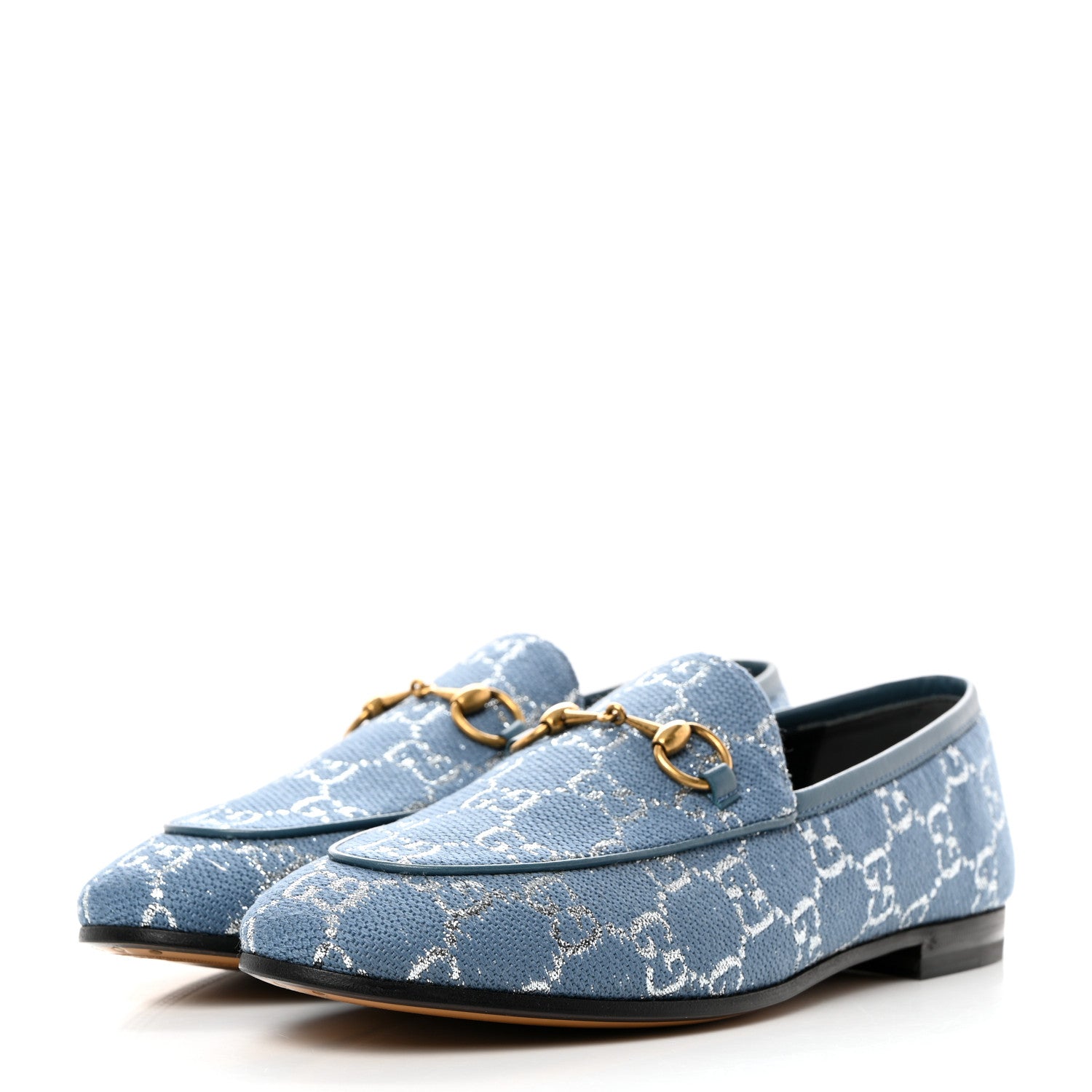Gucci Canvas Lame GG Monogram Horsebit Womens Jordaan Loafers 37 Blue Silver Cornflower Blue 3 of 9