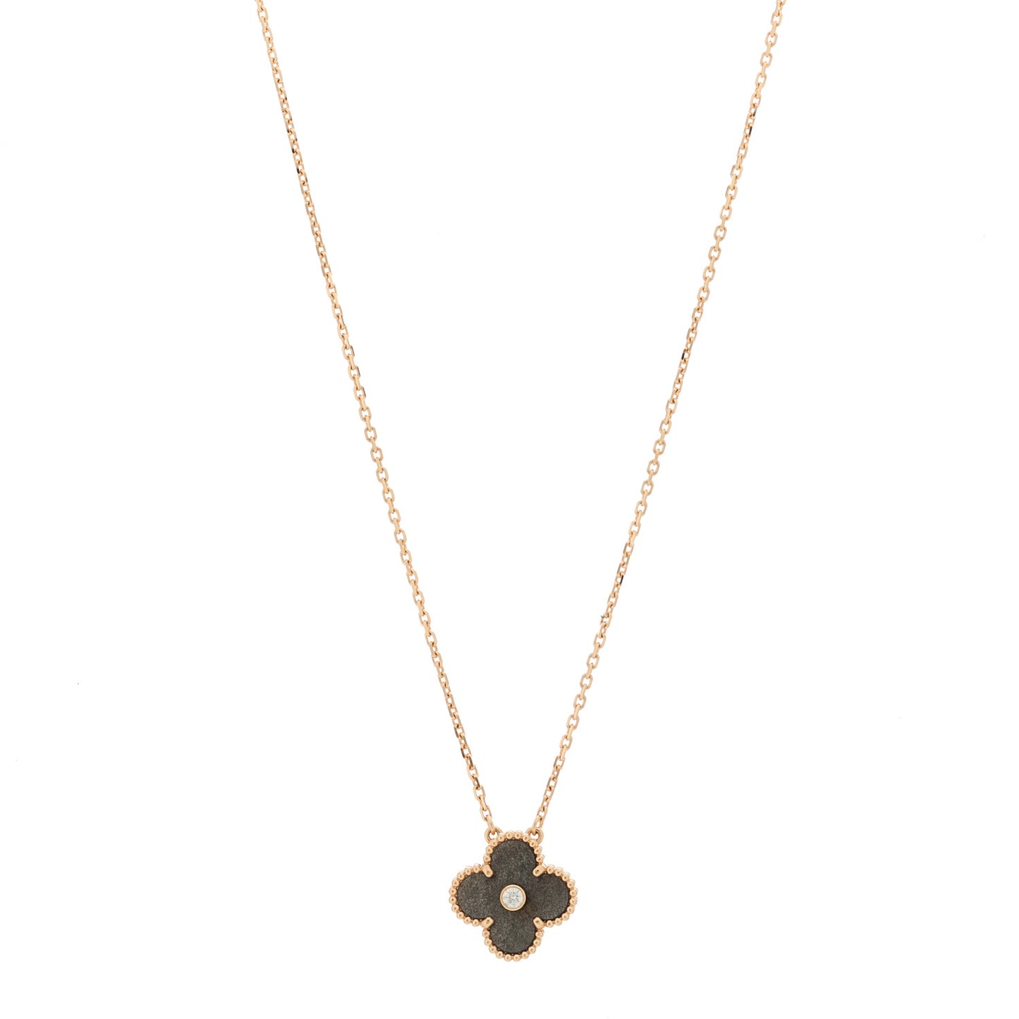18K Rose Gold Diamond Silver Obsidian Vintage Alhambra Pendant Necklace