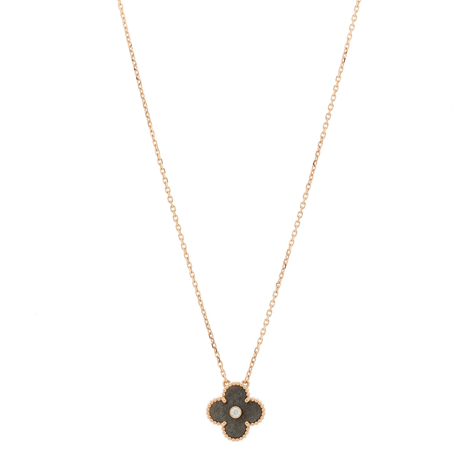 Van Cleef & Arpels 18K Rose Gold Diamond Silver Obsidian Vintage Alhambra Pendant Necklace 1 of 6