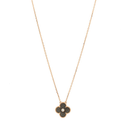 Van Cleef & Arpels 18K Rose Gold Diamond Silver Obsidian Vintage Alhambra Pendant Necklace 1 of 6