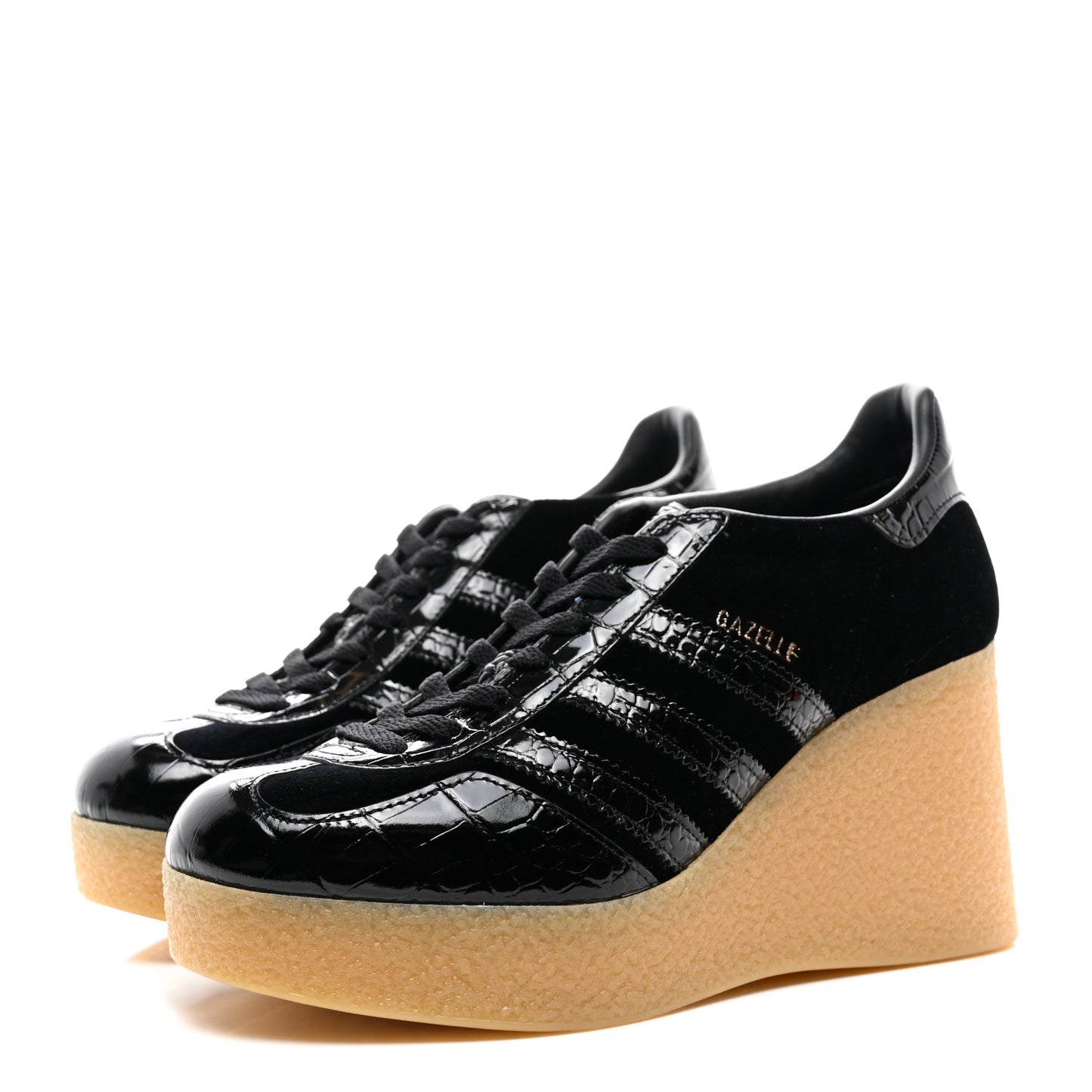 X ADIDAS Velvet Crocodile Embossed Gazelle Wedge Sneakers 40.5 Black