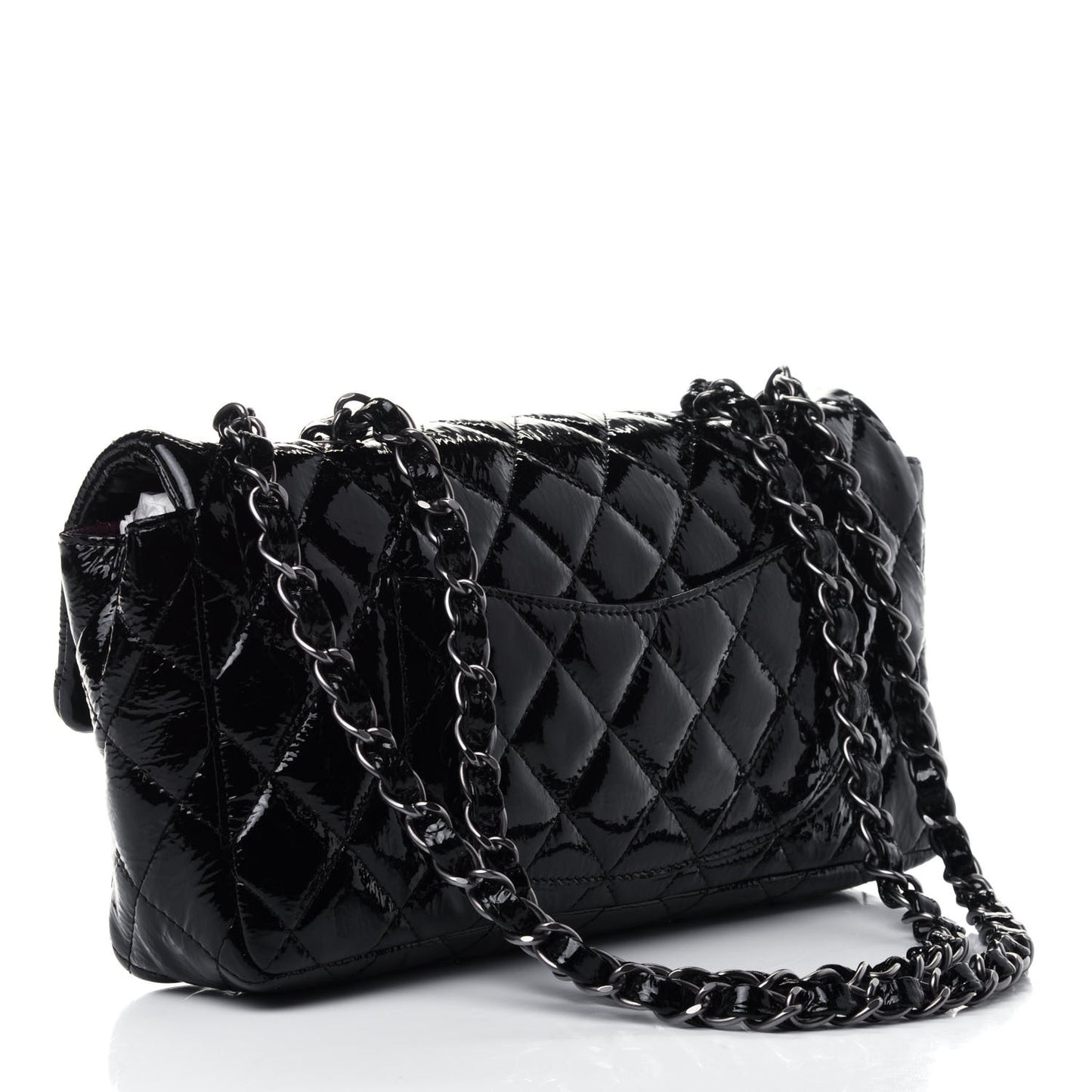 Distressed Patent Quilted East West Flap Black