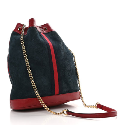 Gucci Suede Calfskin Web Medium Rajah Bucket Bag New Blue Romantic Cherry 3 of 9