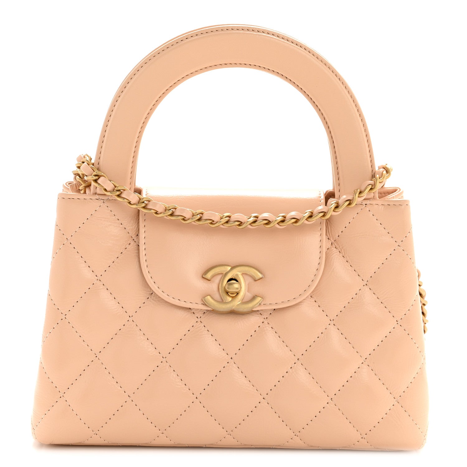 Chanel Shiny Aged Calfskin Quilted Nano Kelly Shopper Beige 1 of 10