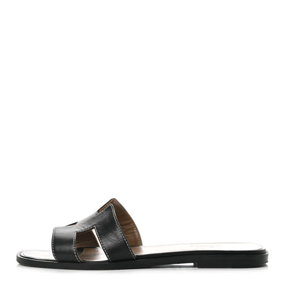 Hermes Box Calfskin Oran Sandals 37.5 Black 1 of 11
