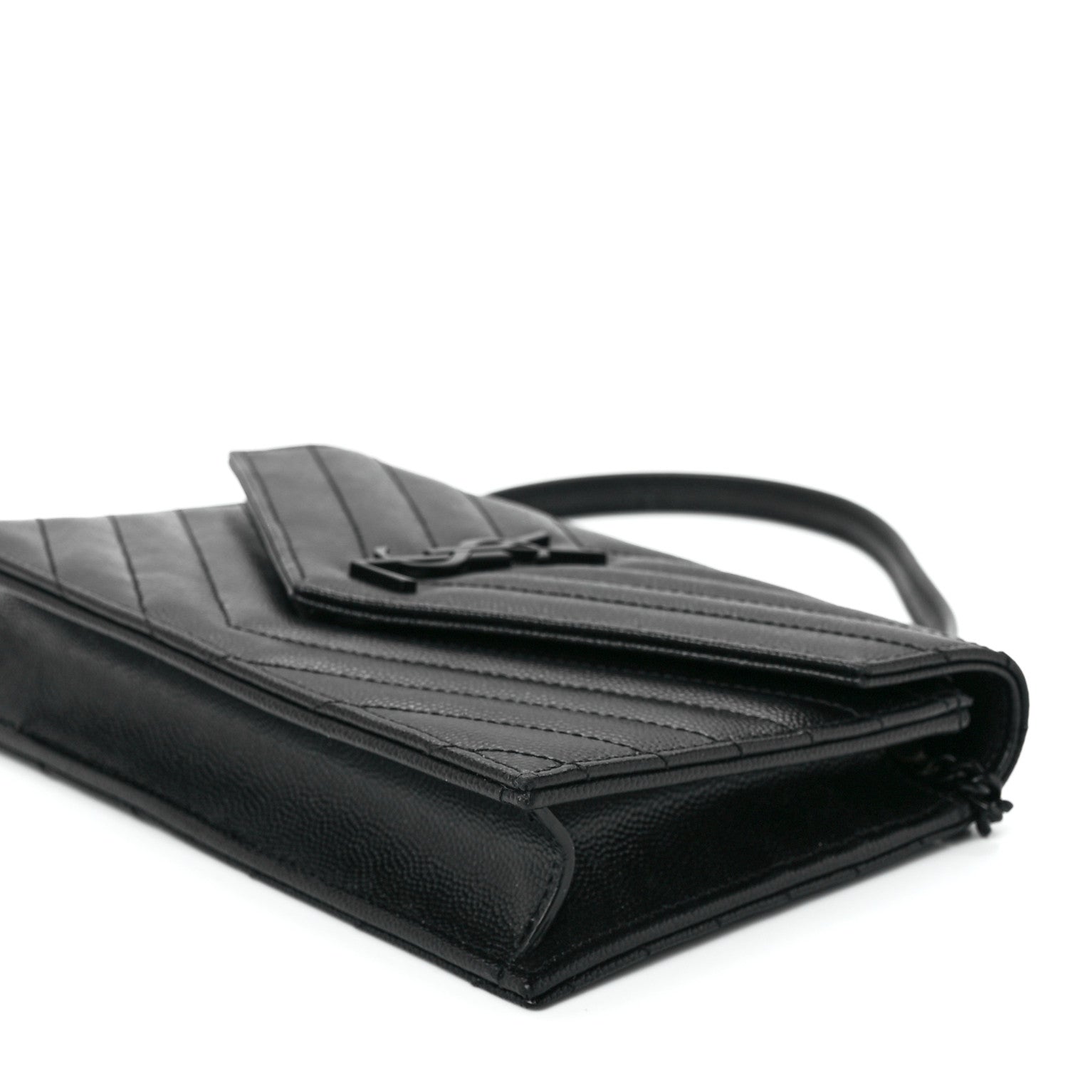 Saint Laurent Grain De Poudre Matelasse Chevron Monogram Monochrome Envelope Chain Wallet Black 11 of 12