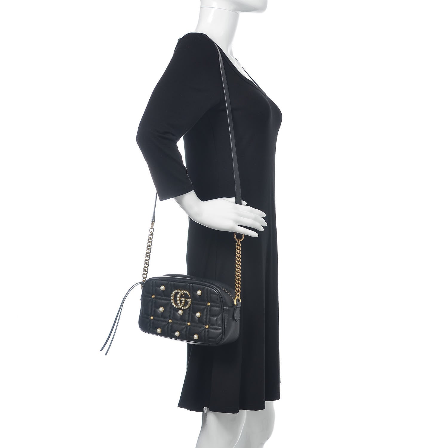 Gucci Calfskin Matelasse Studded Small Pearly GG Marmont Chain Shoulder Bag Black 2 of 15