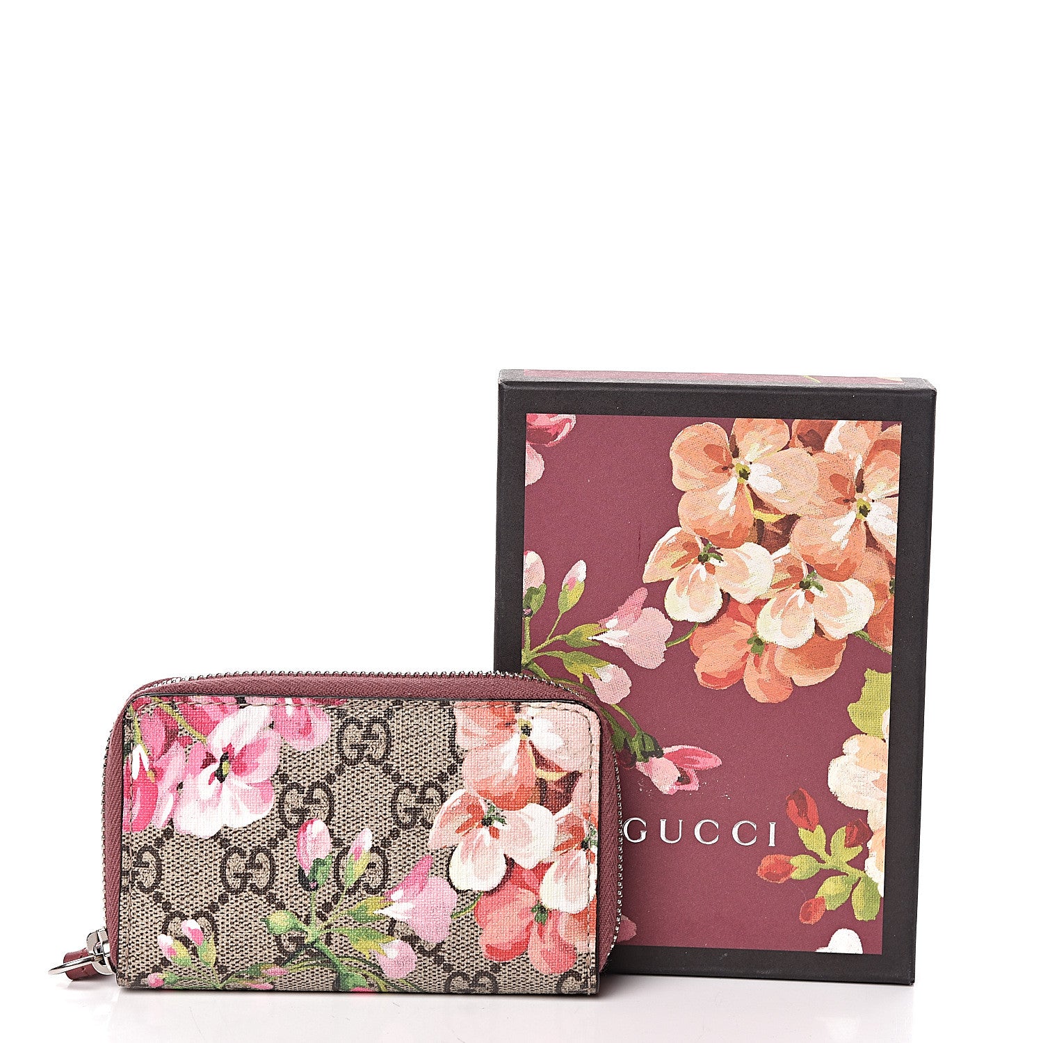 Gucci GG Supreme Monogram Blooms Zip Around Card Case Wallet Beige Multicolor Dry Rose 5 of 7