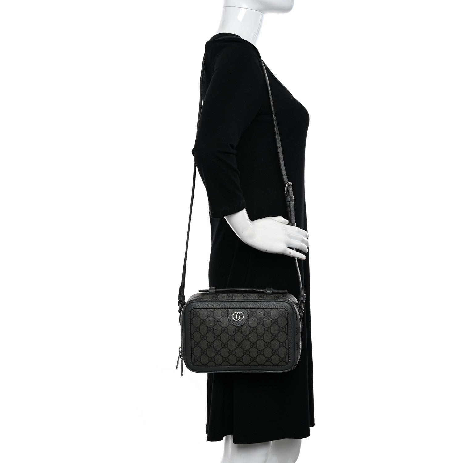 Gucci GG Supreme Monogram Textured Dollar Calfskin Small Ophidia Top Handle Shoulder Grey Black Graphite Grey 2 of 9