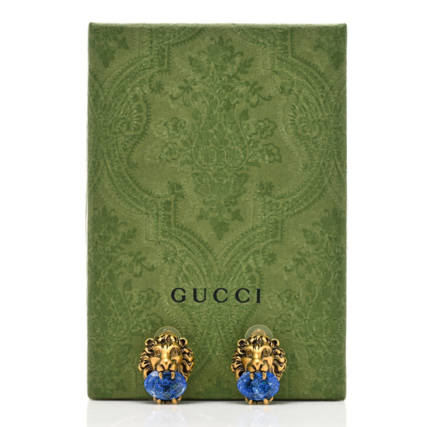 Metal Crystal Lion Clip On Earrings Aged Gold Blue
