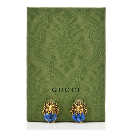 Gucci Metal Crystal Lion Clip On Earrings Aged Gold Blue 5 of 5