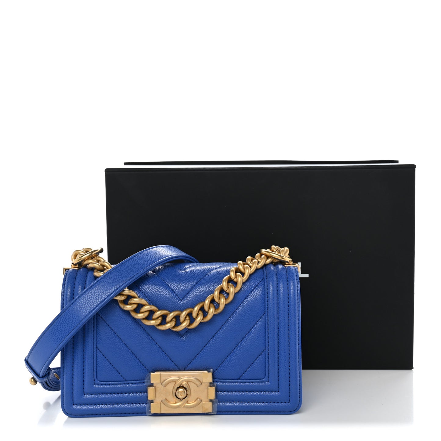 Caviar Chevron Quilted Small Boy Flap Blue