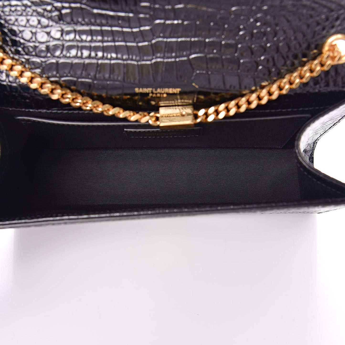 Calfskin Crocodile Embossed Medium Classic Monogram Kate Tassel Satchel Black