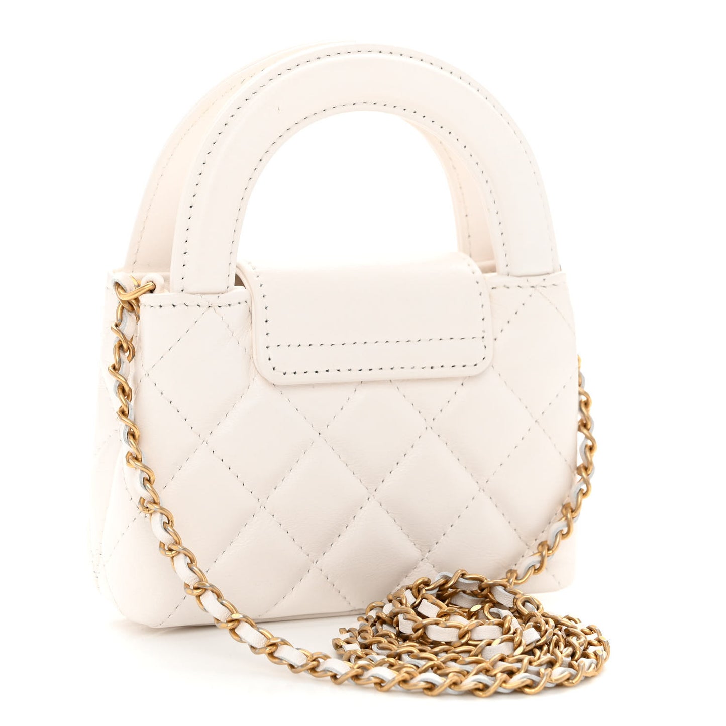 Shiny Aged Calfskin Quilted Mini Nano Kelly Shopper White