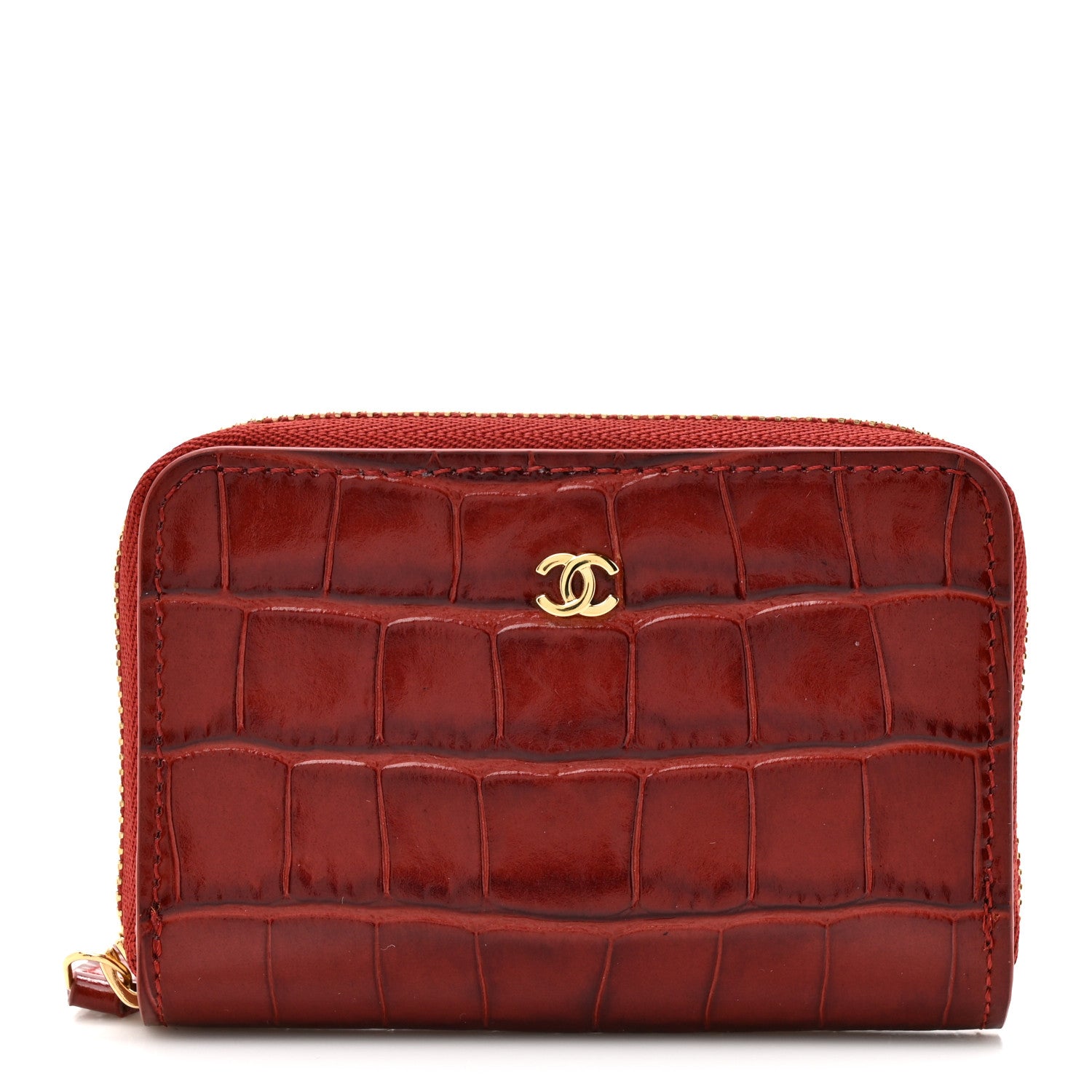 Chanel Calfskin Crocodile Embossed Crococo Zip Coin Purse Burgundy 1 of 8