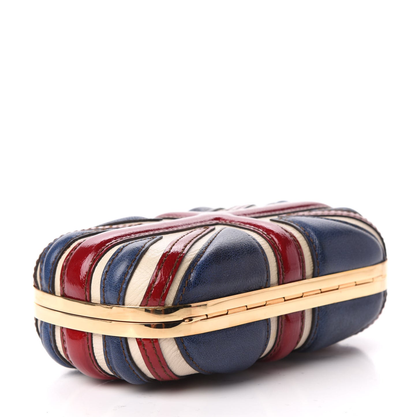 Patent Calfskin Britannia Skull Box Clutch Red Blue
