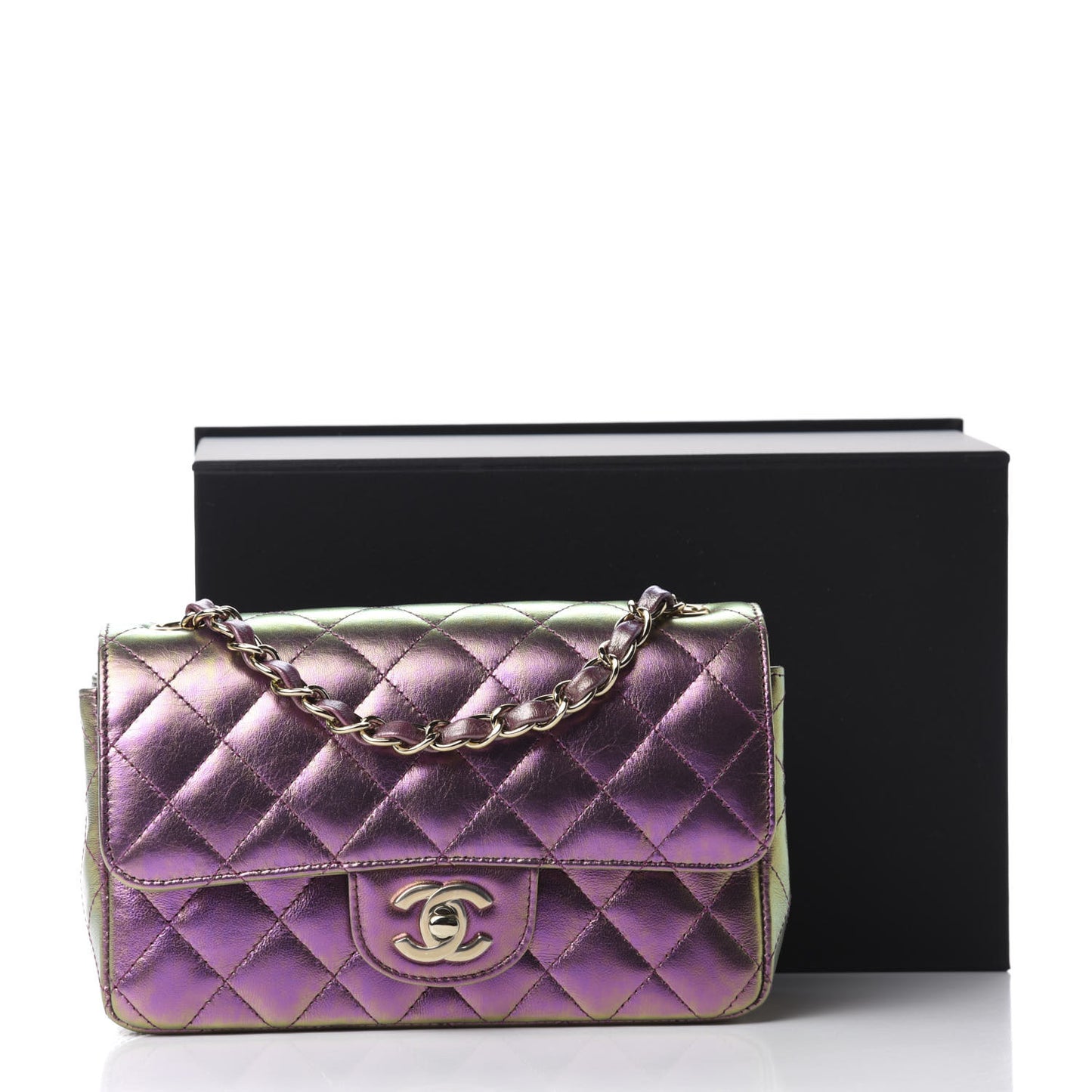 Iridescent Lambskin Quilted Mini Rectangular Flap Purple