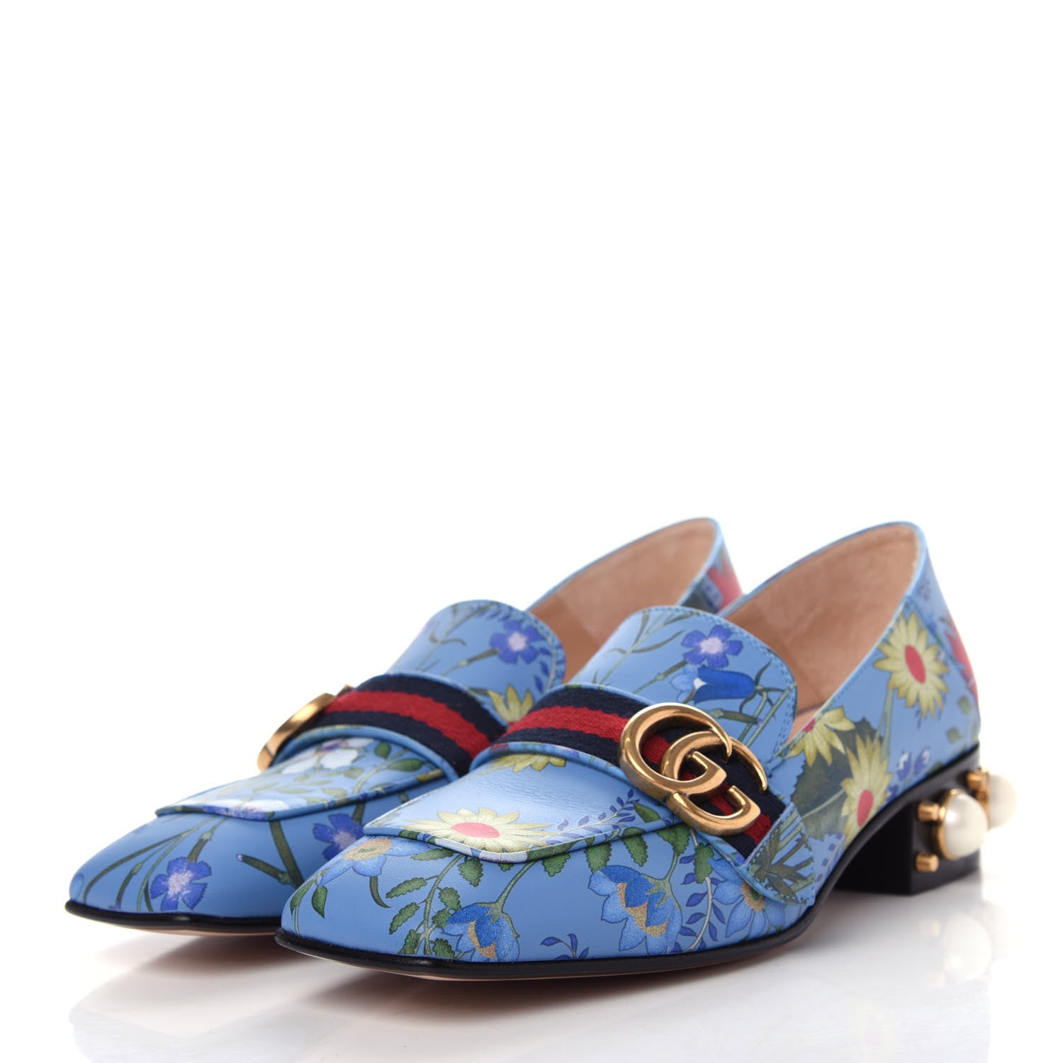 Gucci Apollo Calfskin Web Pearl New Flora Peyton 35mm Loafer Pumps 37.5 Azure 3 of 11