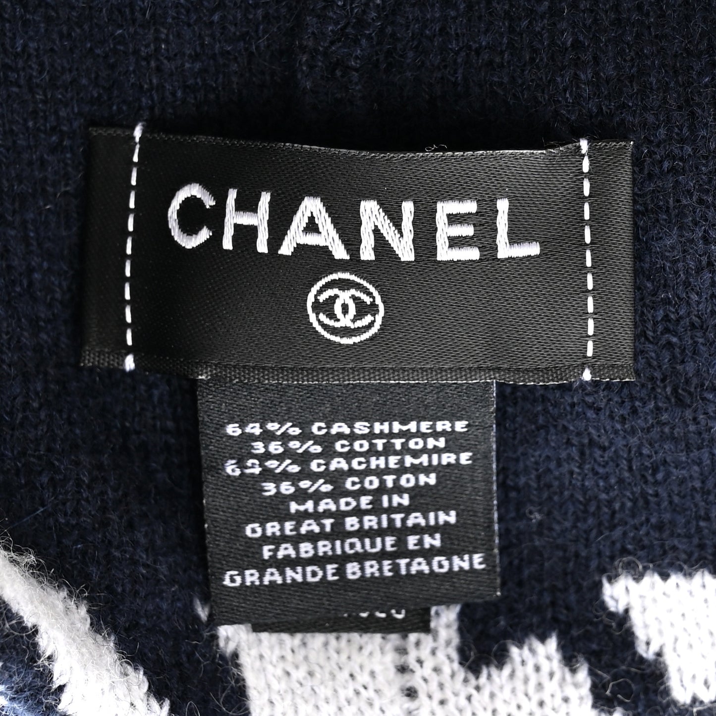 Cashmere Cotton Knit CC Cambon Beanie Hat Navy Blue Ecru