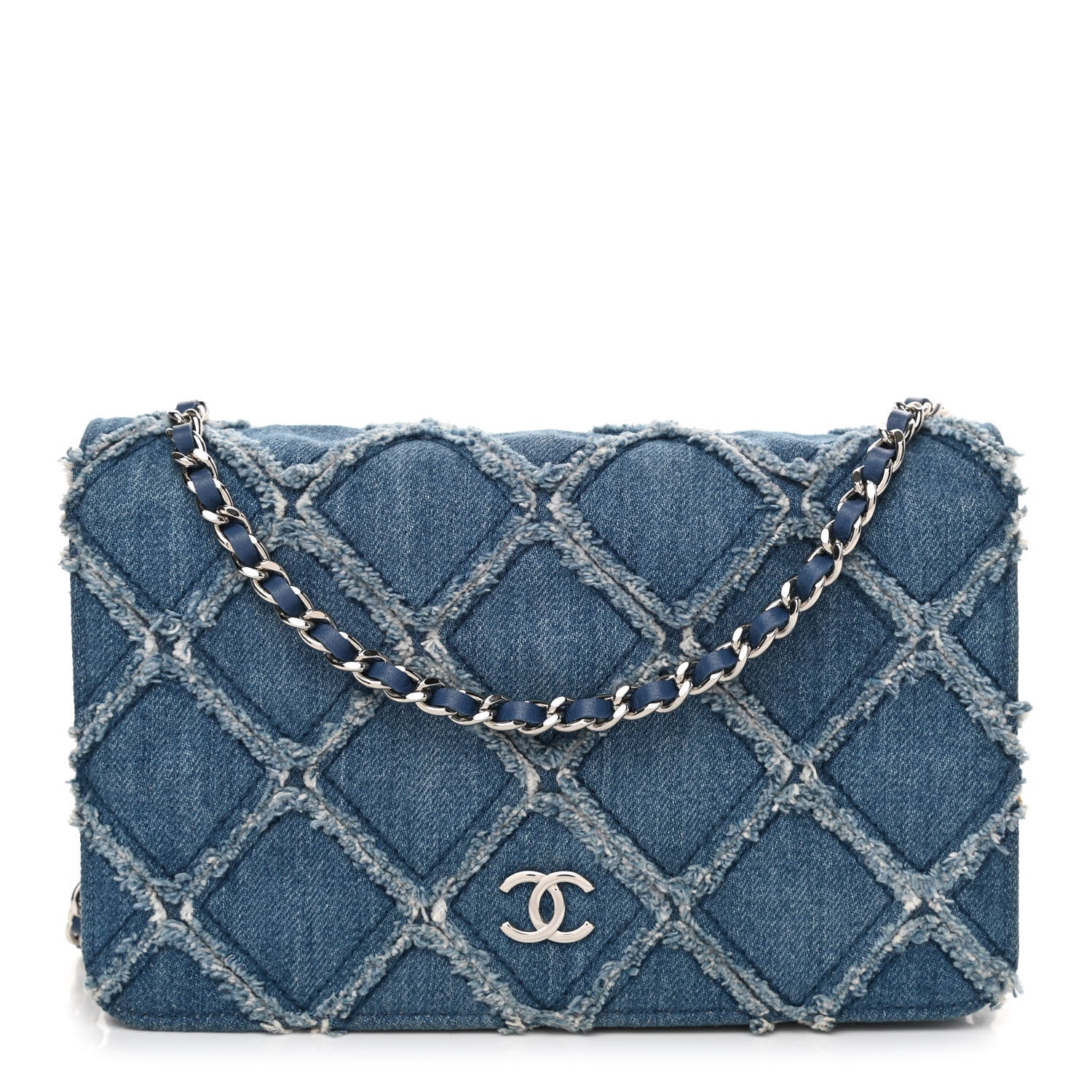 Chanel Frayed Denim Quilted Wallet On Chain WOC Blue 1 of 11