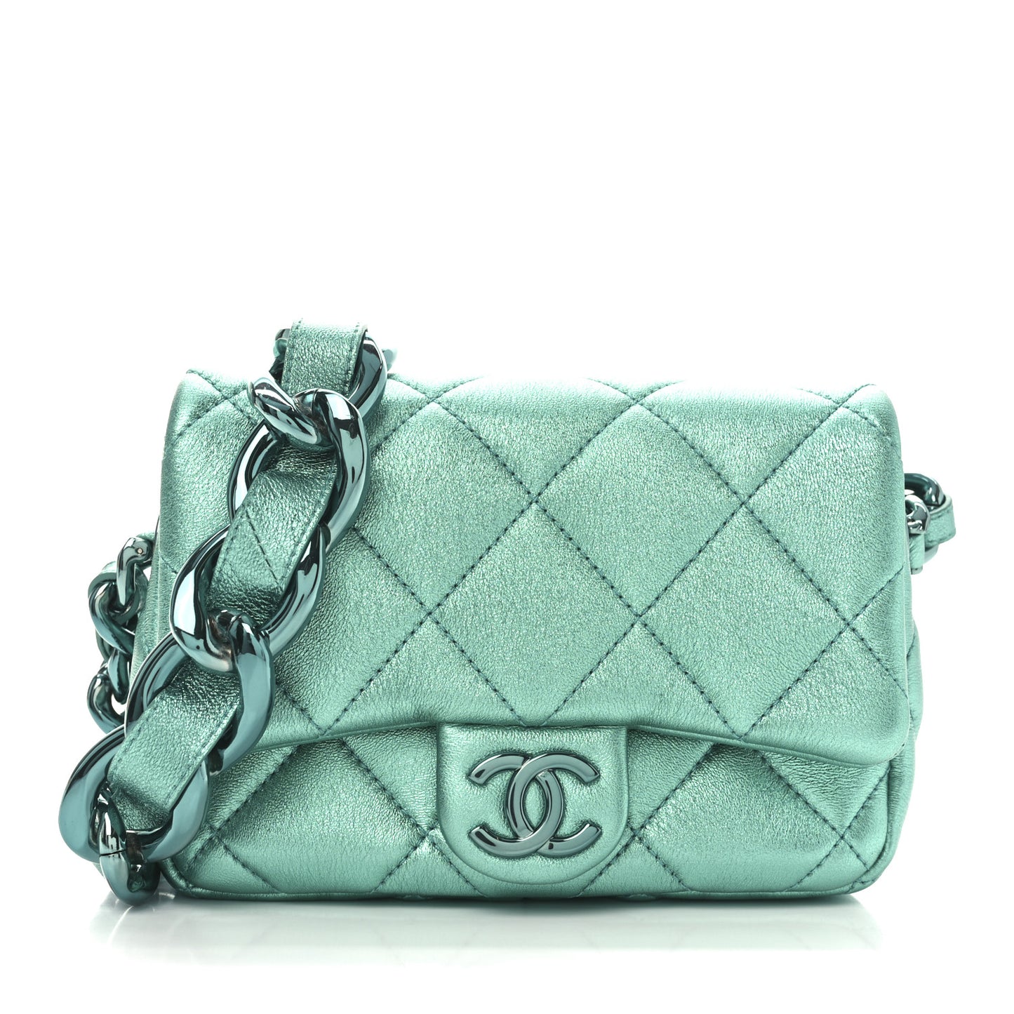 Metallic Lambskin Quilted Mini Lacquered Chain Flap Turquoise