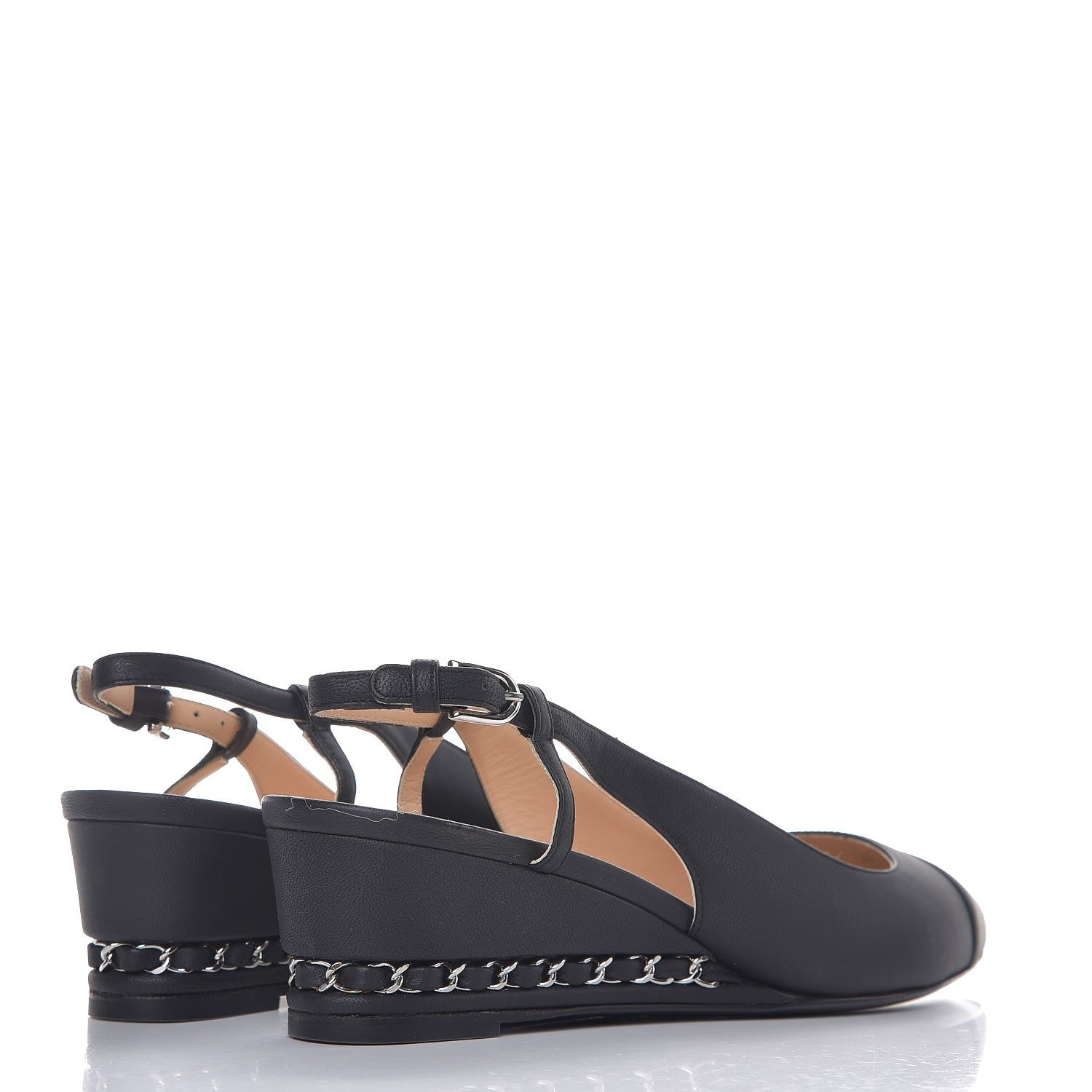 Chanel Lambskin Chain CC Cap Toe Slingback Wedge Sandals 37.5 Black 4 of 9