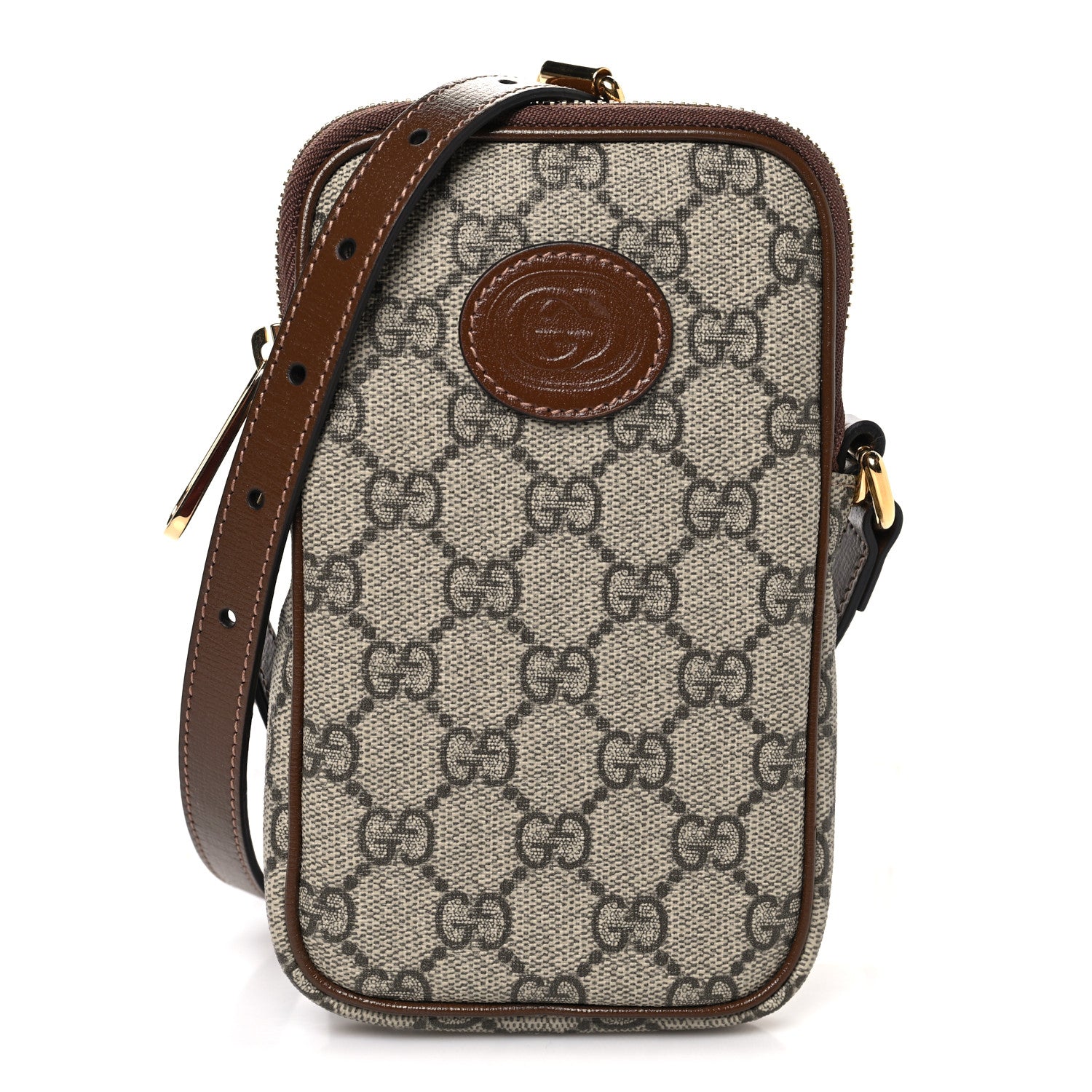 Gucci GG Supreme Monogram Textured Calfskin Retro Interlocking G Phone Crossbody Bag Ebony Brown Sugar 1 of 11