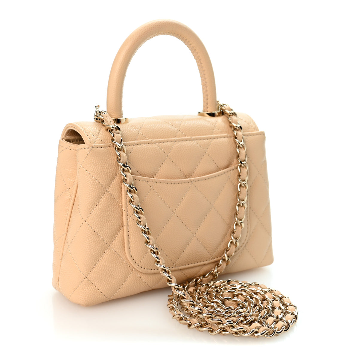 Caviar Quilted Coco Handle Clutch With Chain Beige