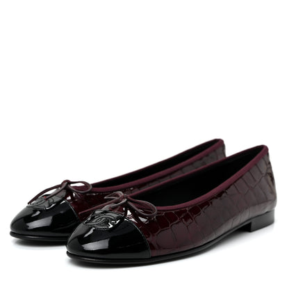 Chanel Patent Calfskin Crocodile Embossed Cap Toe CC Ballerina Flats 39.5 Dark Burgundy Black 3 of 8