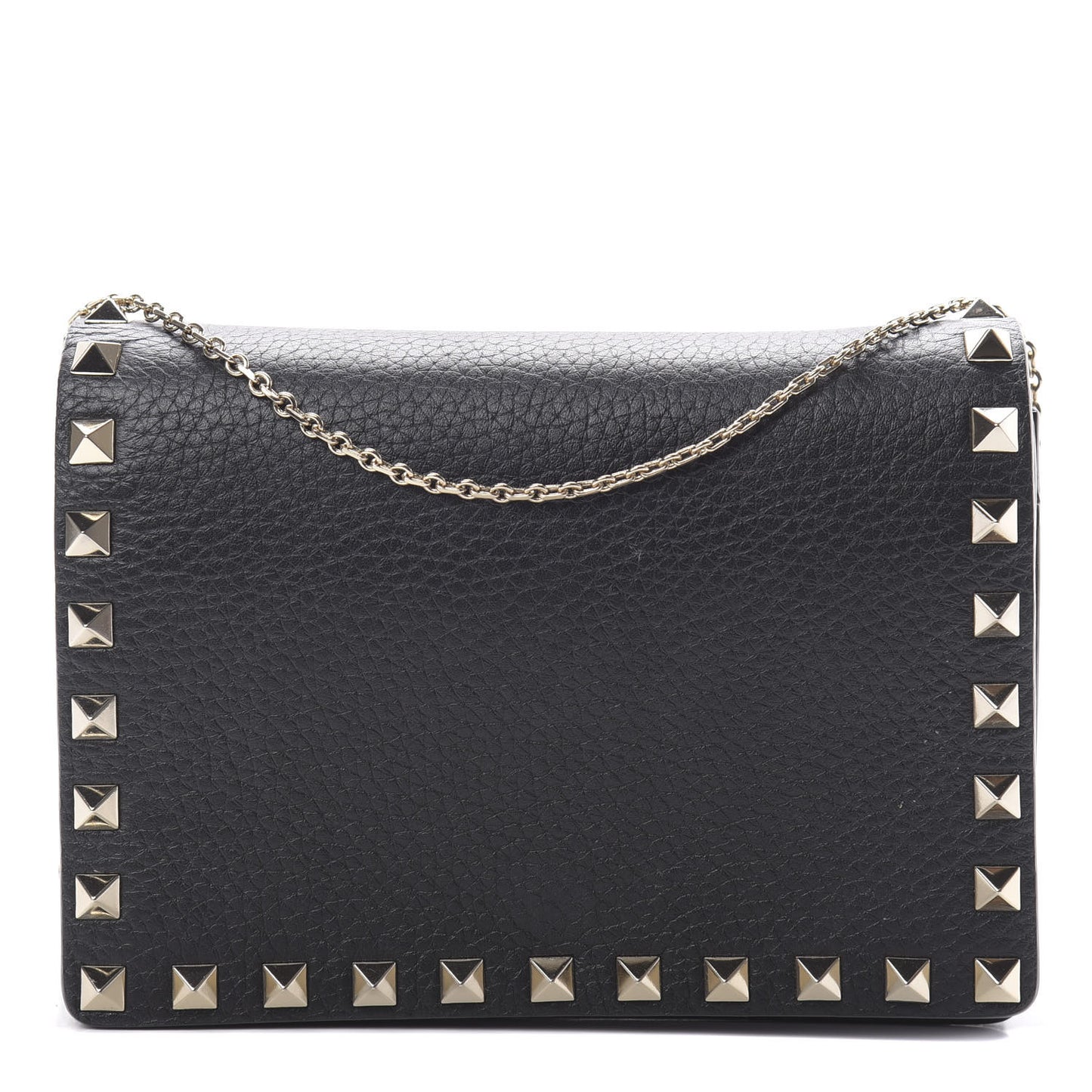 Pebbled Calfskin Rockstud Wallet on Chain Black