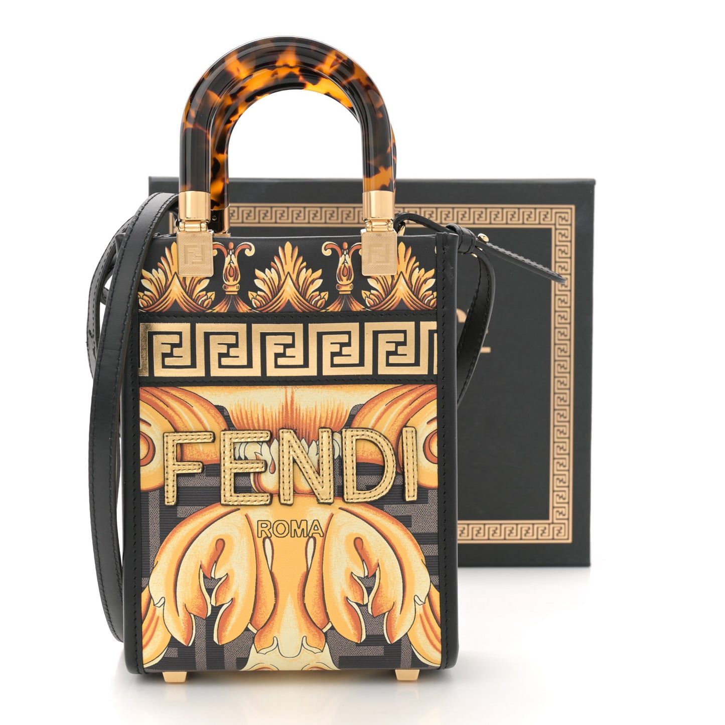 X VERSACE Vitello King Catalan Mirror Plexiglass Fendace FF Baroque Logo Mini Fendi Sunshine Shopper Tote Black Gold