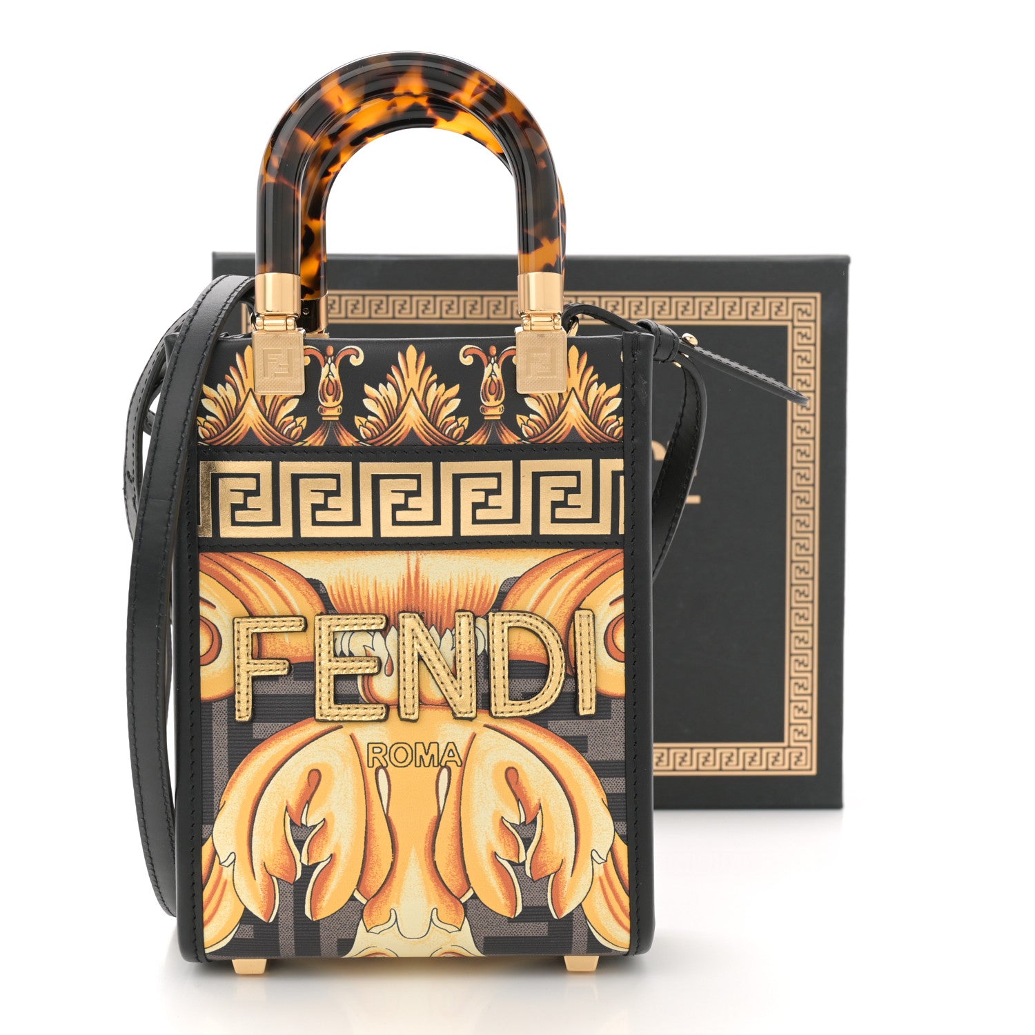 Fendi X VERSACE Vitello King Catalan Mirror Plexiglass Fendace FF Baroque Logo Mini Fendi Sunshine Shopper Tote Black Gold 11 of 11