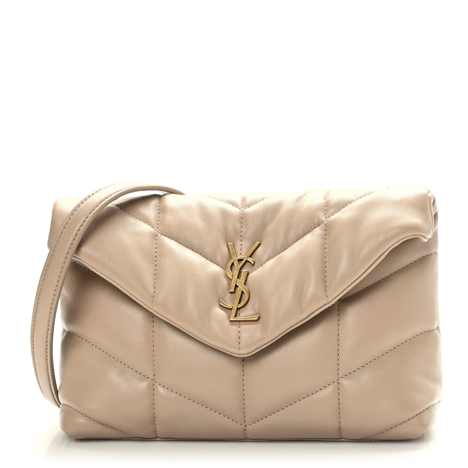 Saint Laurent Lambskin Quilted Toy Loulou Puffer Monogram Chain Satchel Dark Beige 1 of 10
