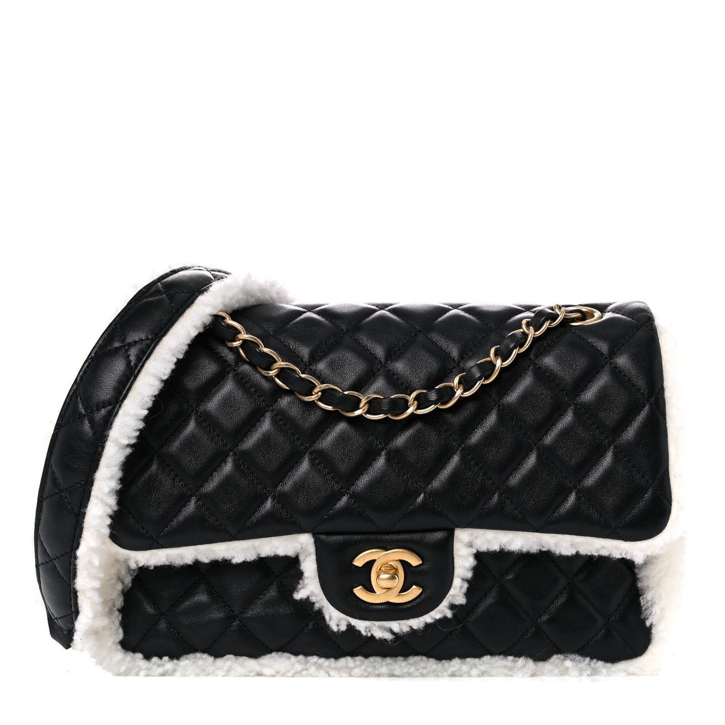Lambskin Shearling Large CC Flap Bag Black White