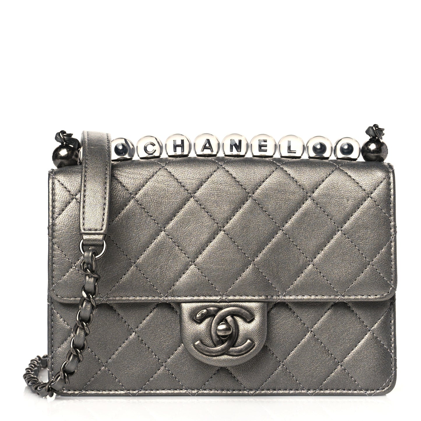 Metallic Goatskin Quilted Small Chic Pearls Flap Silver