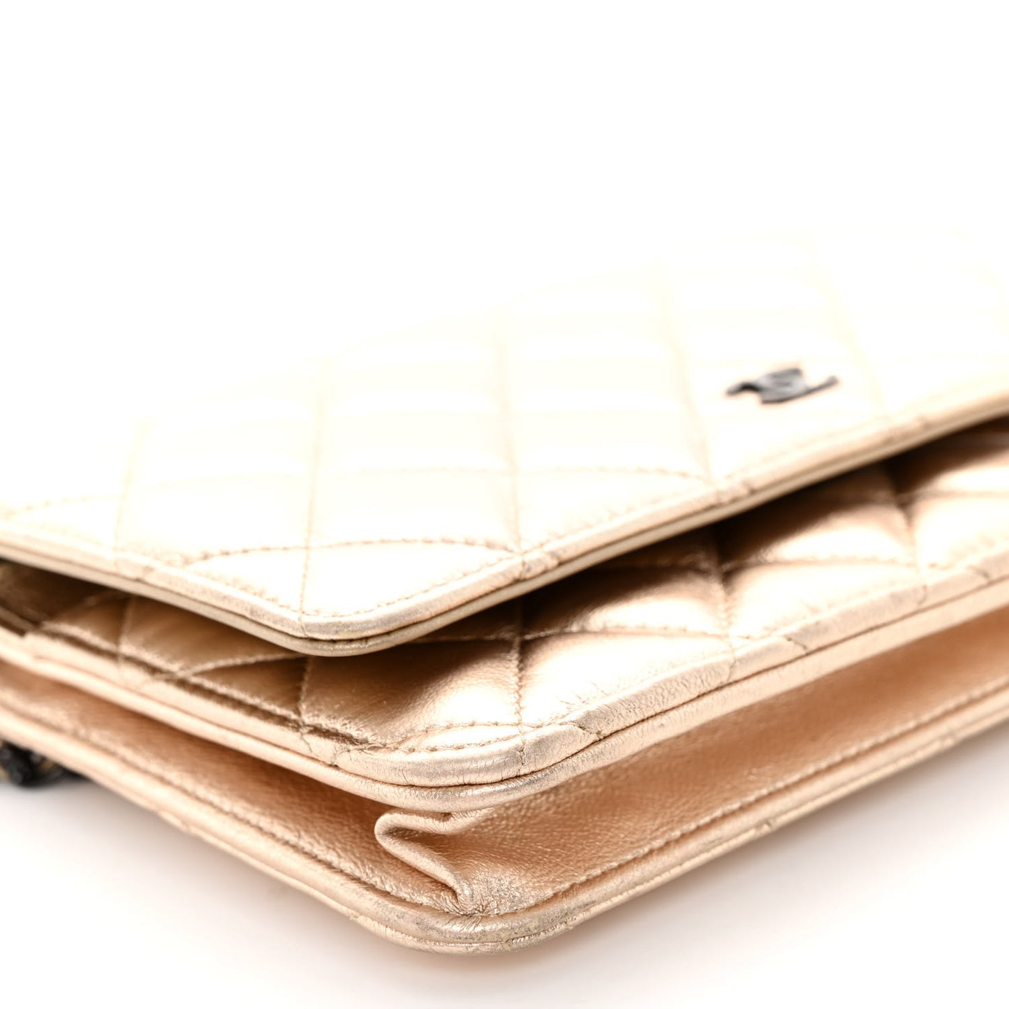 Metallic Lambskin Quilted Wallet On Chain WOC Gold Black