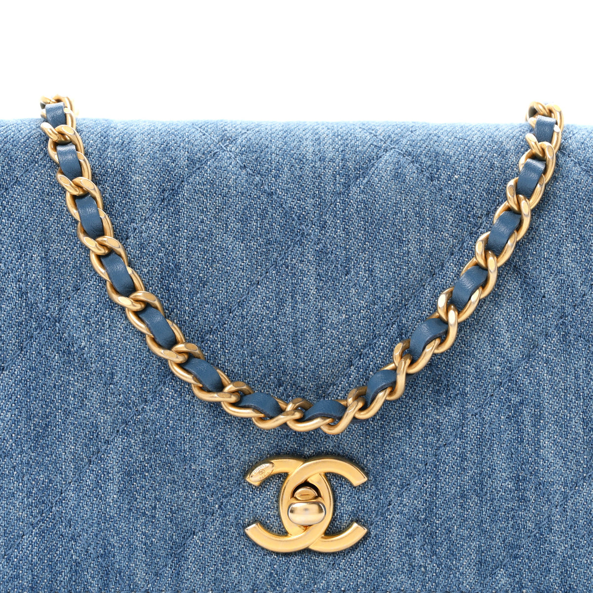 Denim Quilted CC Pearl Crush Wallet on Chain WOC Blue