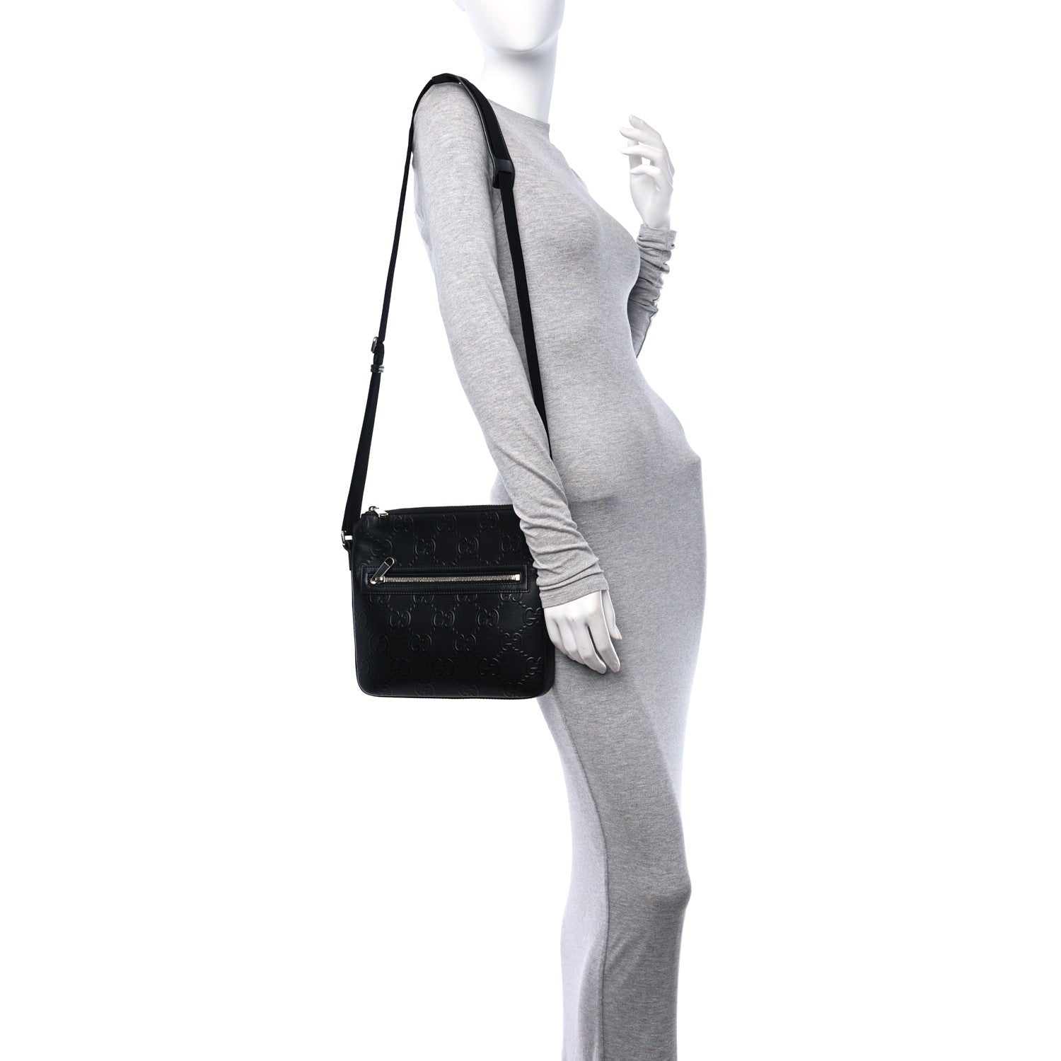 Gucci Calfskin GG Tennis Embossed Small Flat Messenger Bag Black 2 of 10