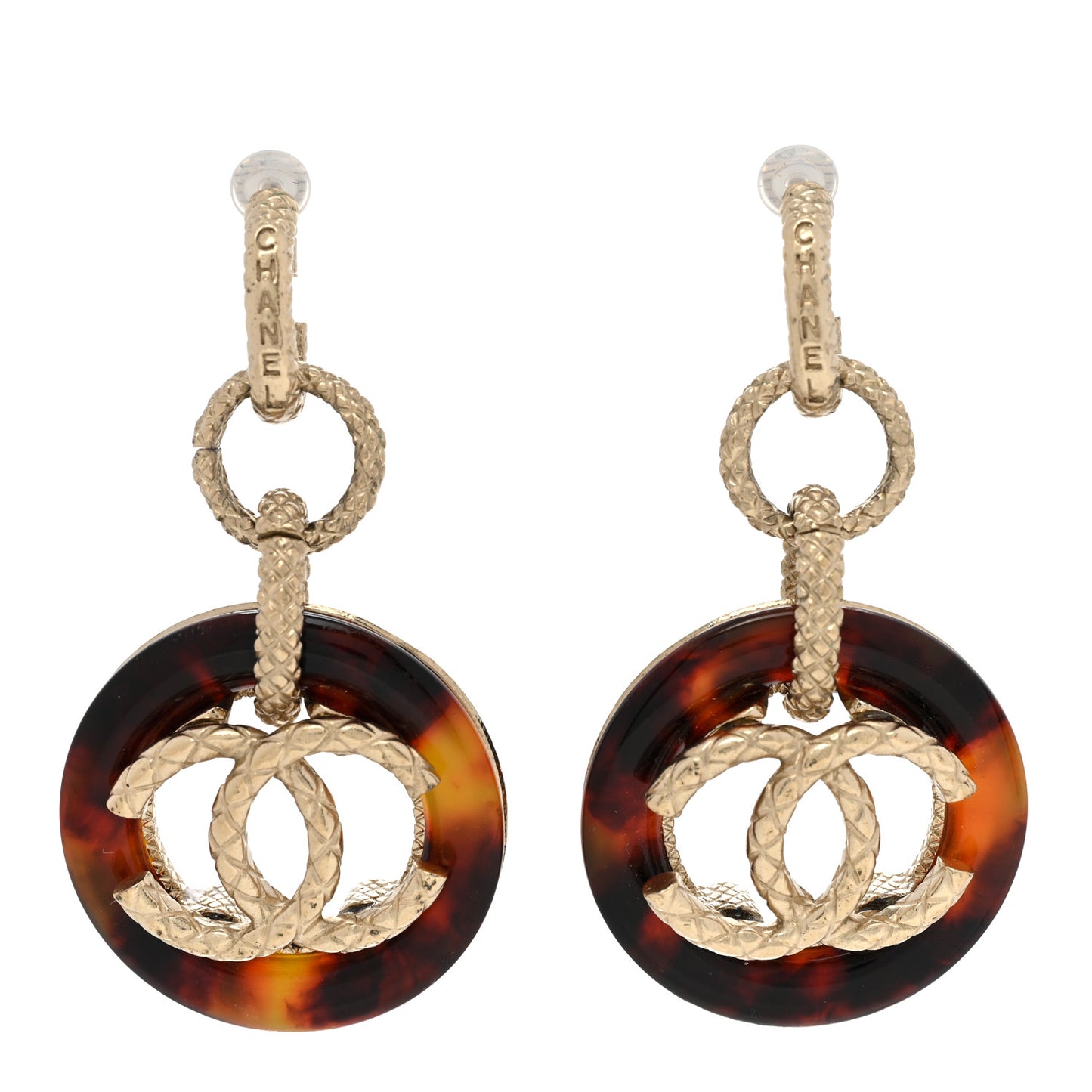 Resin Logo CC Chain Clip On Earrings Gold Tortoise