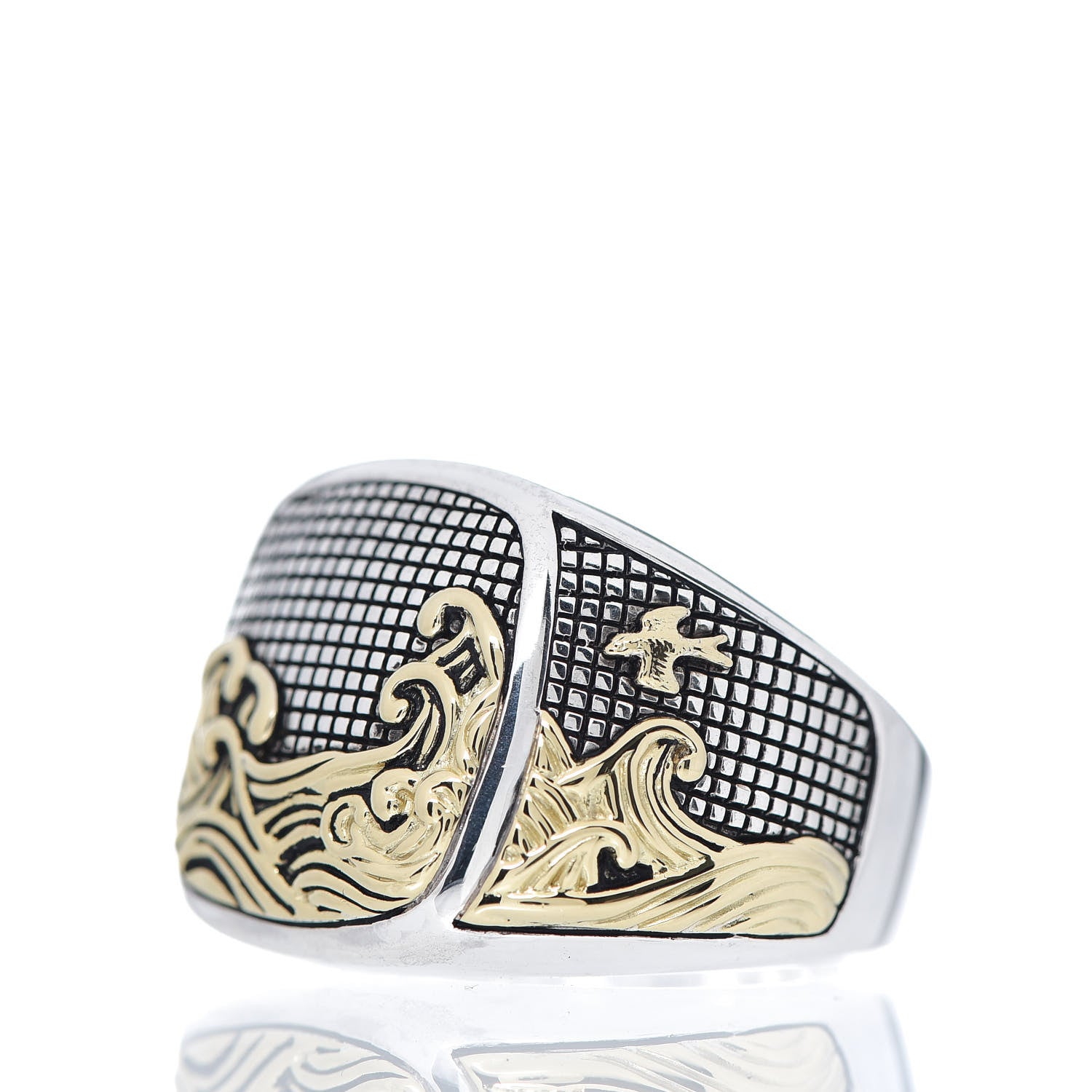 David Yurman Sterling Silver 18K Yellow Gold Waves Signet Ring 62 10 3 of 7